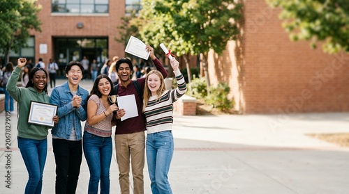 Diverse Group of Happy University Students Celebrating Academic Achievement in Front of Campus Building