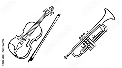 Foto Violin and Trumpet Line Art - Music Instruments