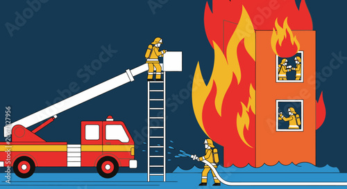 Foto Flat illustration of firefighters extinguishing a large building fire with a ladder truck