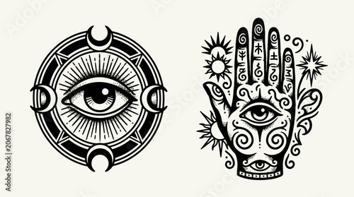 Canvas-taulu Mystical Eye Symbols: All-Seeing Eye and Fortune Teller Hand