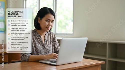 Asian Female Teacher Using Laptop to Review Artificial Intelligence Generated Lesson Plan Suggestions in Classroom
