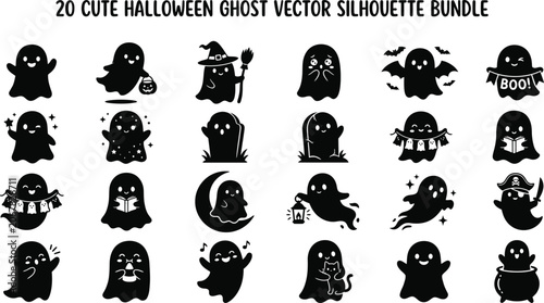 Obraz na plátně Halloween Ghost Silhouettes Vector Bundle On White Background