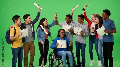 Group of Diverse Happy Students Celebrating Graduation and Academic Achievement on Green Screen