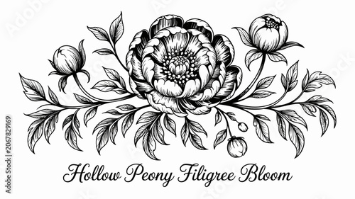 Intricate Floral Ornament With Peonies And Leaves Black And White Vector Illustration botanical peony flower flowers bloom blooms
