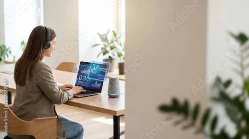 Professional woman using artificial intelligence and data analytics tools on a laptop while working remotely in a bright modern office