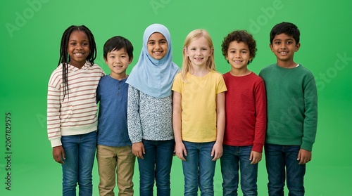 Diverse Group of Happy Children Standing Together in a Row Smiling Against a Bright Green Background
