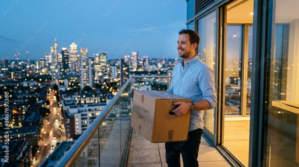 Fototapeta premium A man smiles while holding a box labeled Living Room/Books on an apartment terrace at sunset with a sprawling city skyline behind him, celebrating his decision to quit his job