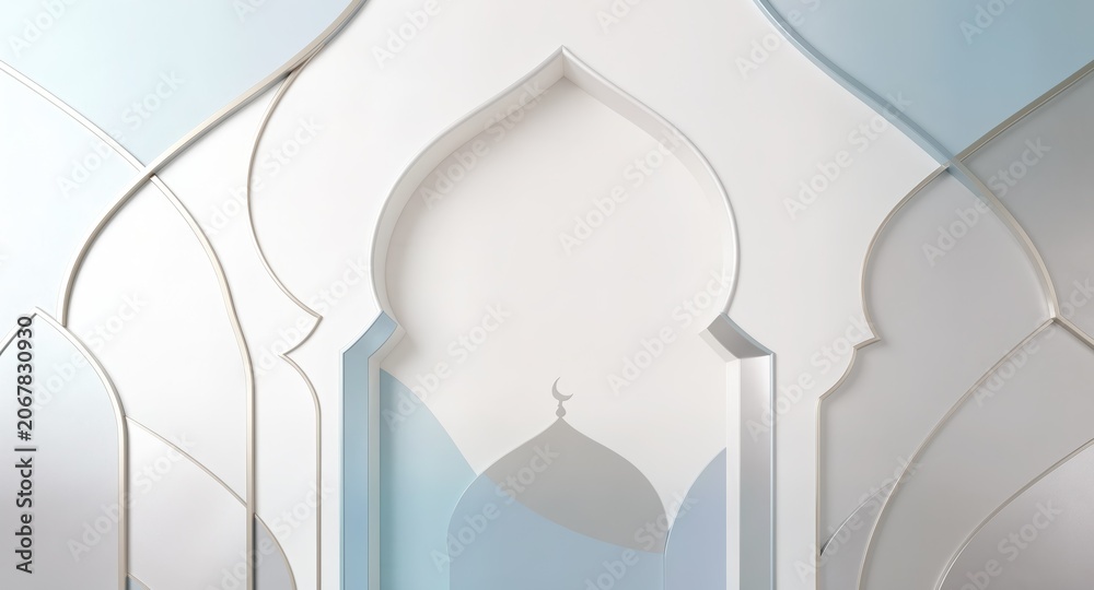 Obraz premium Serene white mosque arch with soft blue light for spiritual marketing. 