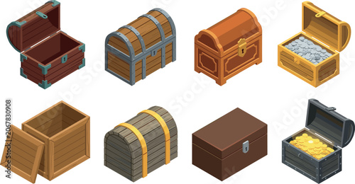 Isometric Wooden Treasure Chest Vector Icon Set Featuring Isolated Empty Boxes, Gold Coins, and Silver Loot Trunks for Video Game User Interface Graphic Designs