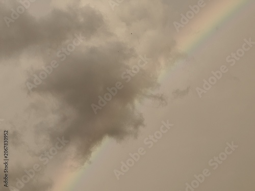 Rainbow Arc Beside Dark Storm Clouds with Bird in Flight