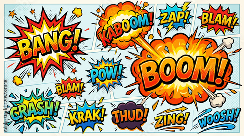 Photos Colorful collection of comic book action sound effect bubbles.