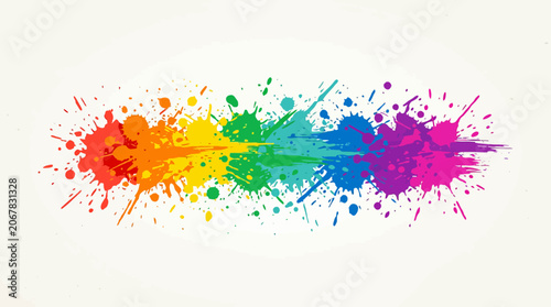 Colorful rainbow paint splatter on white background.