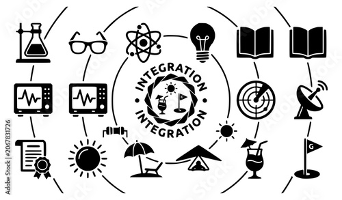 Tableau sur toile Minimal Solid Black STEM Travel and Lifestyle Vector Icon Set with Laboratory El