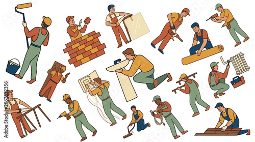 Construction Workers in Action, Various Tasks, Illustration Style Illustration Style