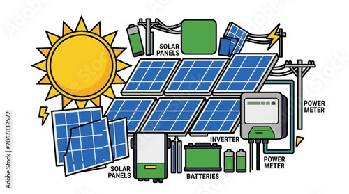 Solar panel system with battery storage and inverter components
