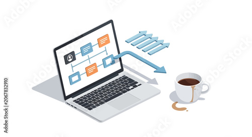 Laptop and coffee cup with flowchart.