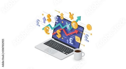 Laptop with financial charts and coffee.