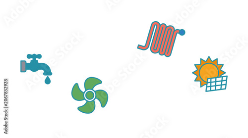 Eco friendly icons set with solar panel, fan, radiator and water tap