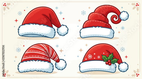 Photos Four different festive red and white Santa Claus hats