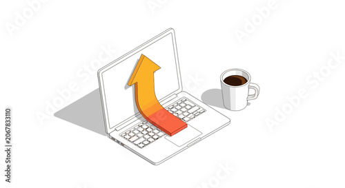 Laptop with upward arrow and coffee cup.