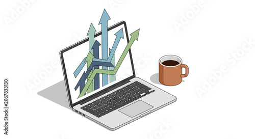 Laptop with rising graph and coffee cup.