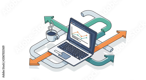 Laptop with graph on screen and coffee cup.
