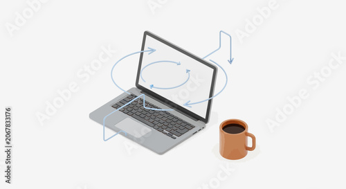 Laptop computer with coffee cup and arrows.