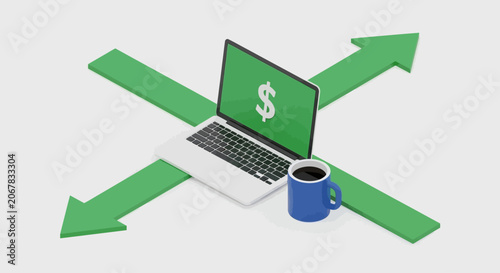Laptop with dollar sign on screen and coffee cup.