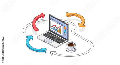 Laptop with colorful arrows and coffee cup.