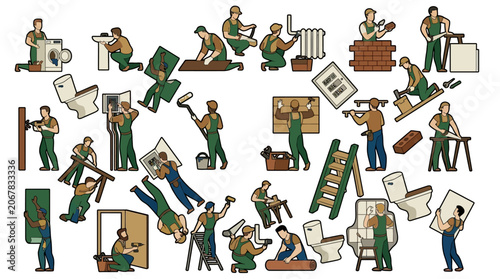 Cartoon painter working, various artistic actions, studio setting, colorful