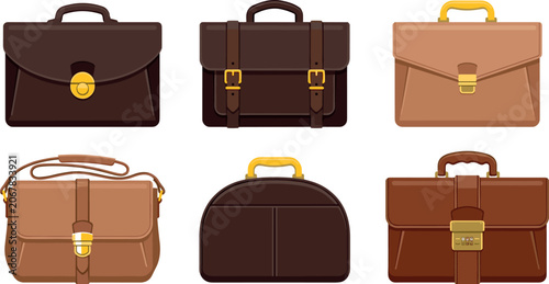 Canvastavla Leather Briefcase Vector Icon Set Featuring Isolated Business Bags, Attache Case
