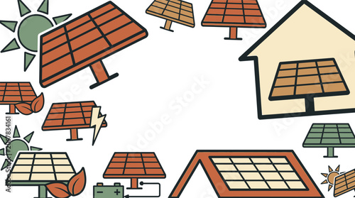 Solar panels on house roofs with sun and trees around