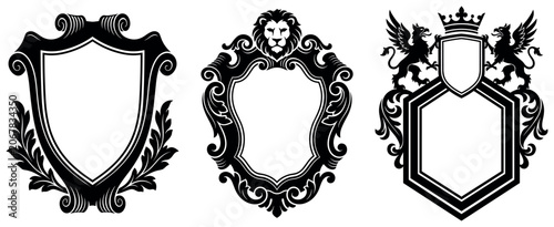 Set of three ornate heraldic shields with lion and griffin crests for royal design work.