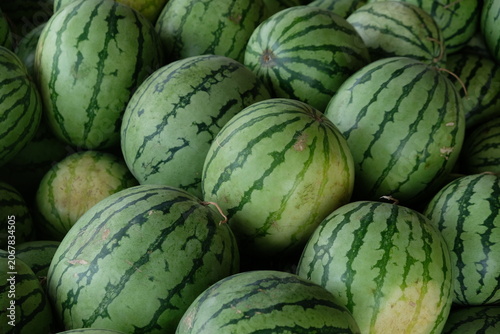 pile of watermelons at a fruit stall. watermelon harvest.