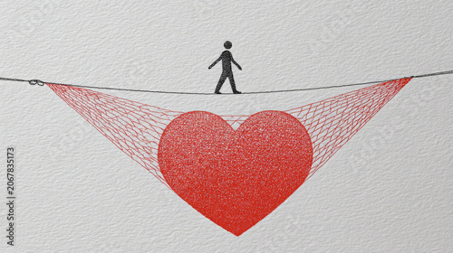 Minimalist tightrope walker with heart shaped net below, conceptual line art vector illustration, emotional safety, relationships trust, care and support concept, clean background.
