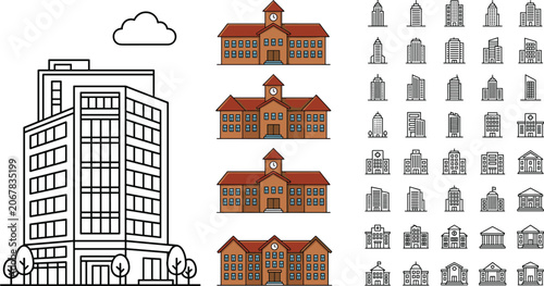 Bild auf Leinwand Urban Building Vector Icon Mega Set with Corporate Skyscrapers Residential House