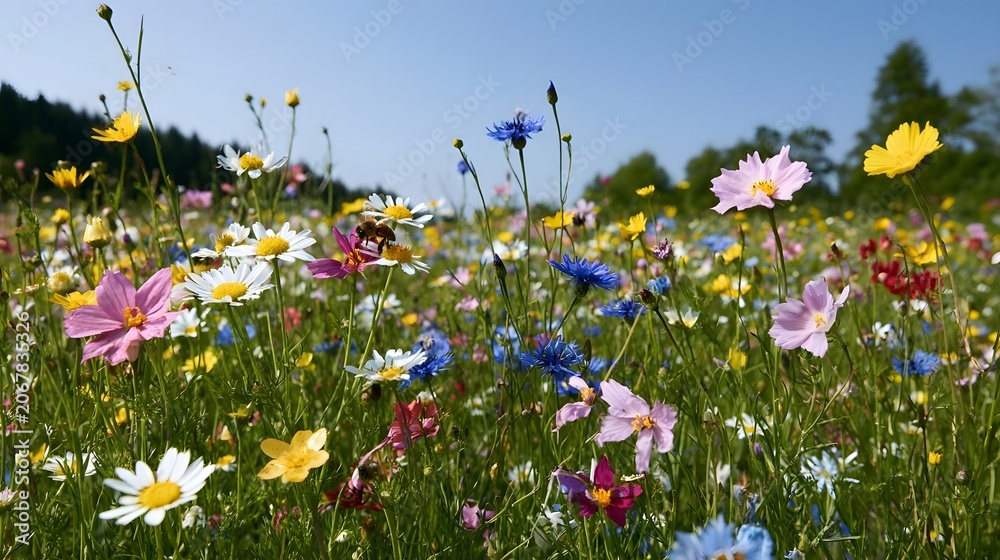 Fototapeta premium A vibrant wildflower meadow is filled with buzzing bees under a clear sunlit sky