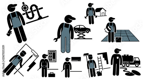 Workers Engaged in Various Construction and Repair Activities Outdoors