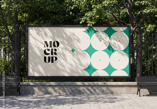 Outdoor City Park Billboard Mockup with Bench and Fence Background