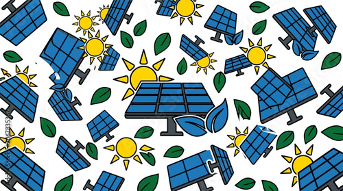 Solar panels and sun icons with green leaves on white background