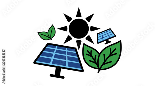 Solar panels with sun and green leaves eco friendly