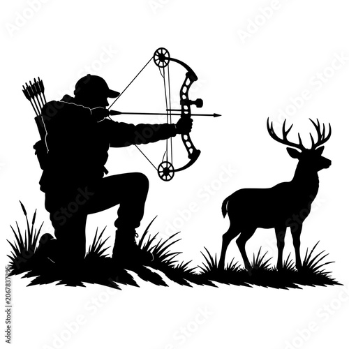 Hunter aiming with bow at deer in nature silhouette