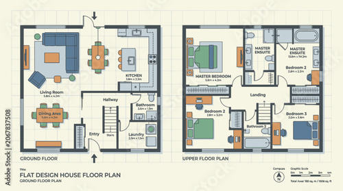 Photos Detailed architectural floor plan design showing ground and upper levels of a modern residential house