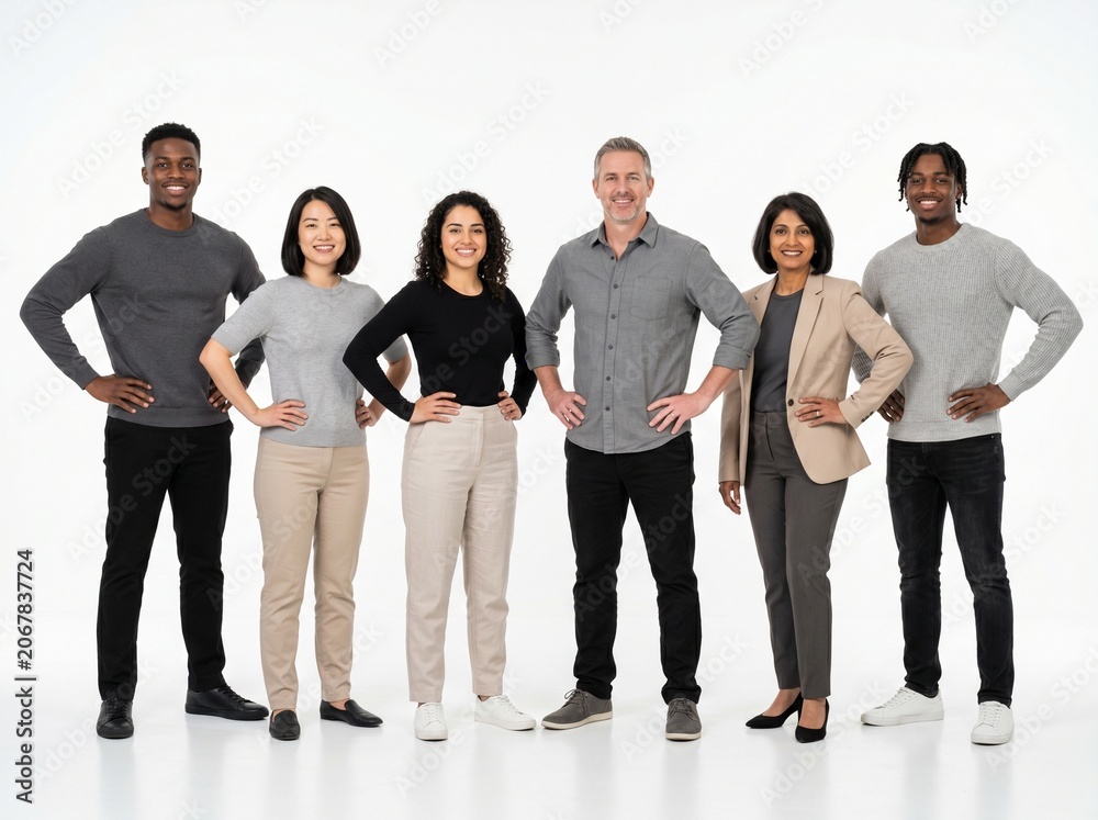 Obraz premium Diverse Group of Professionals Standing Together Confidently Against a White Background