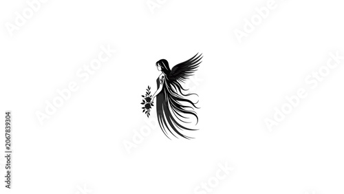 Schilderij op canvas Black Phoenix Bird, Mythical Creature, Silhouette Illustration, Floral Element V