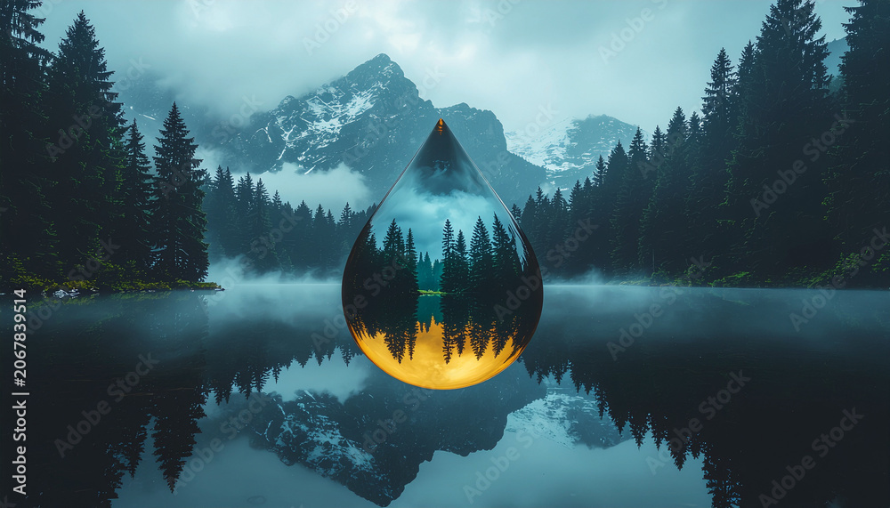 Fototapeta premium Misty lake forest mountain reflection drop golden transparent pine landscape