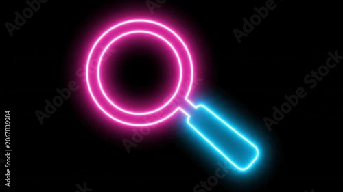 Neon pink magnifying glass icon glowing on black background