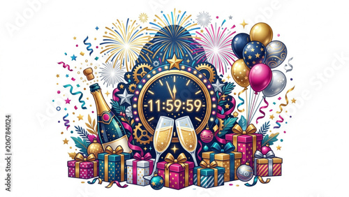 Vibrant New Year's Eve celebration illustration with a countdown clock, fireworks, balloons, champagne, and gifts, great for greeting cards and festive designs