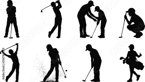 Canvastavla Junior Golf Player Silhouette Vector Set Featuring Youth Athletes Swinging Coach