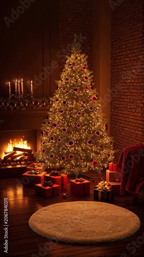 Cozy Christmas living room with decorated tree and fireplace